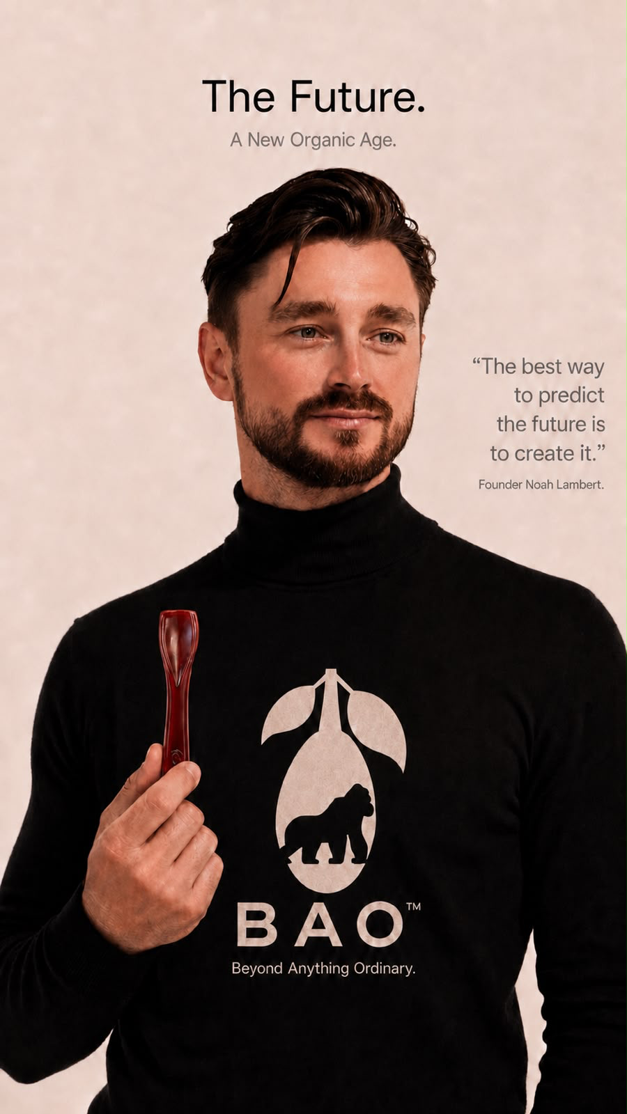 Founder Noah Lambert holding a burgundy BAO spoon