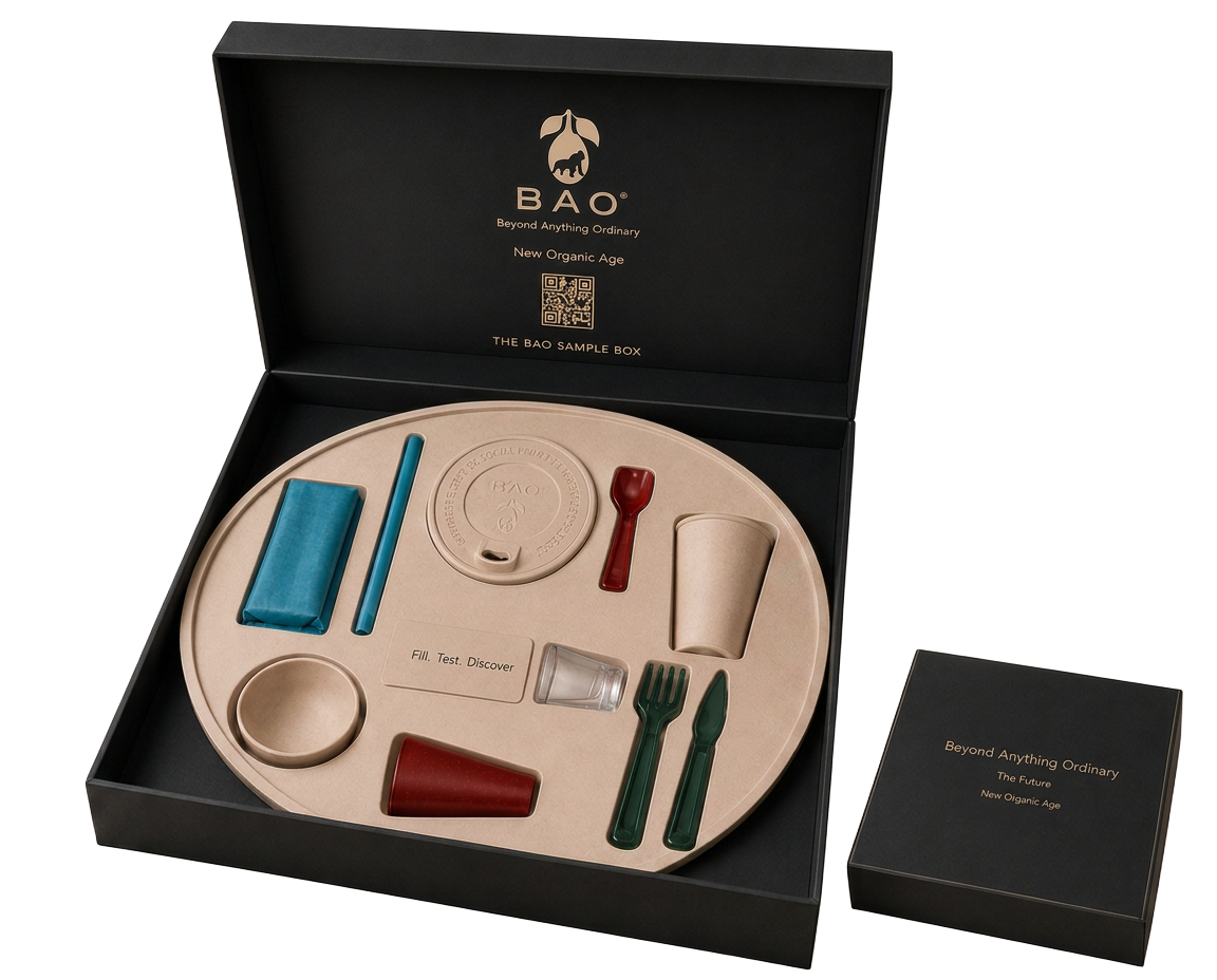 The BAO Sample Box, open to show cup, lid, straw, cutlery and material swatches